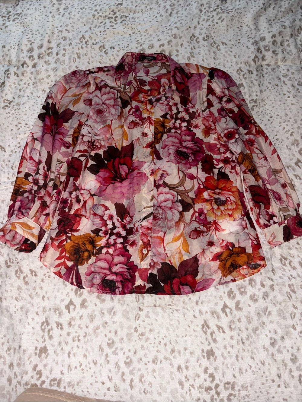 Express Floral Button-Up Blouse in Pink, Red & Brown